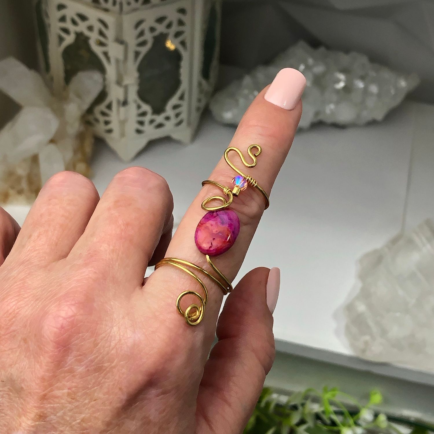 PINK CRAZY LACE AGATE - Adjustable Ring - Gold Plated