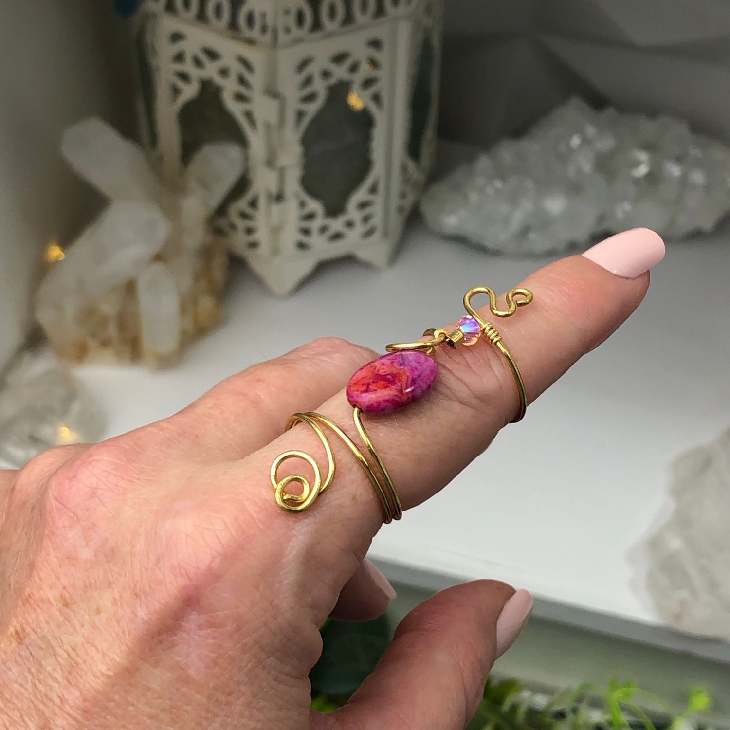 PINK CRAZY LACE AGATE - Adjustable Ring - Gold Plated