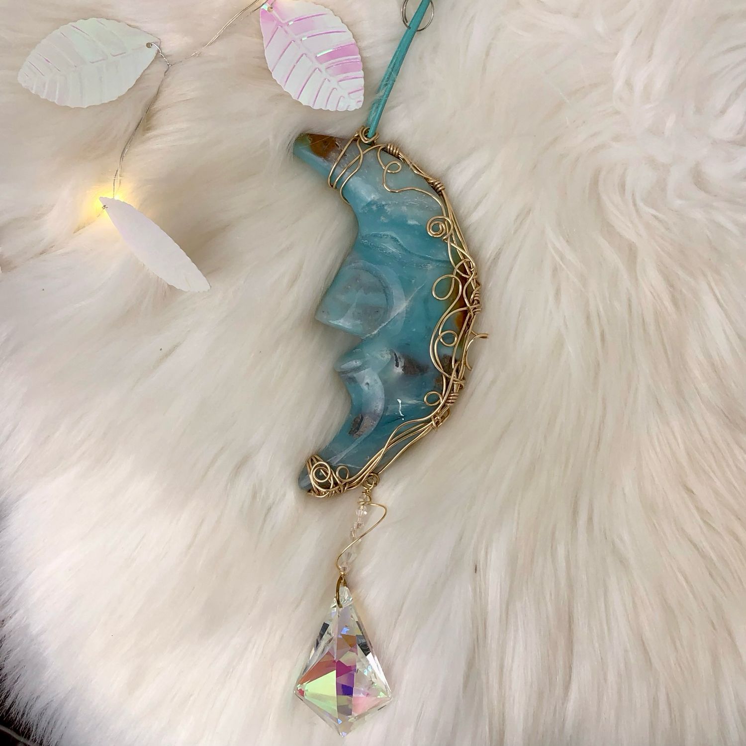 CARIBBEAN BLUE CALCITE MOON - Gemstone Light Catcher - Hand-wrapped In Gold Plated Wire