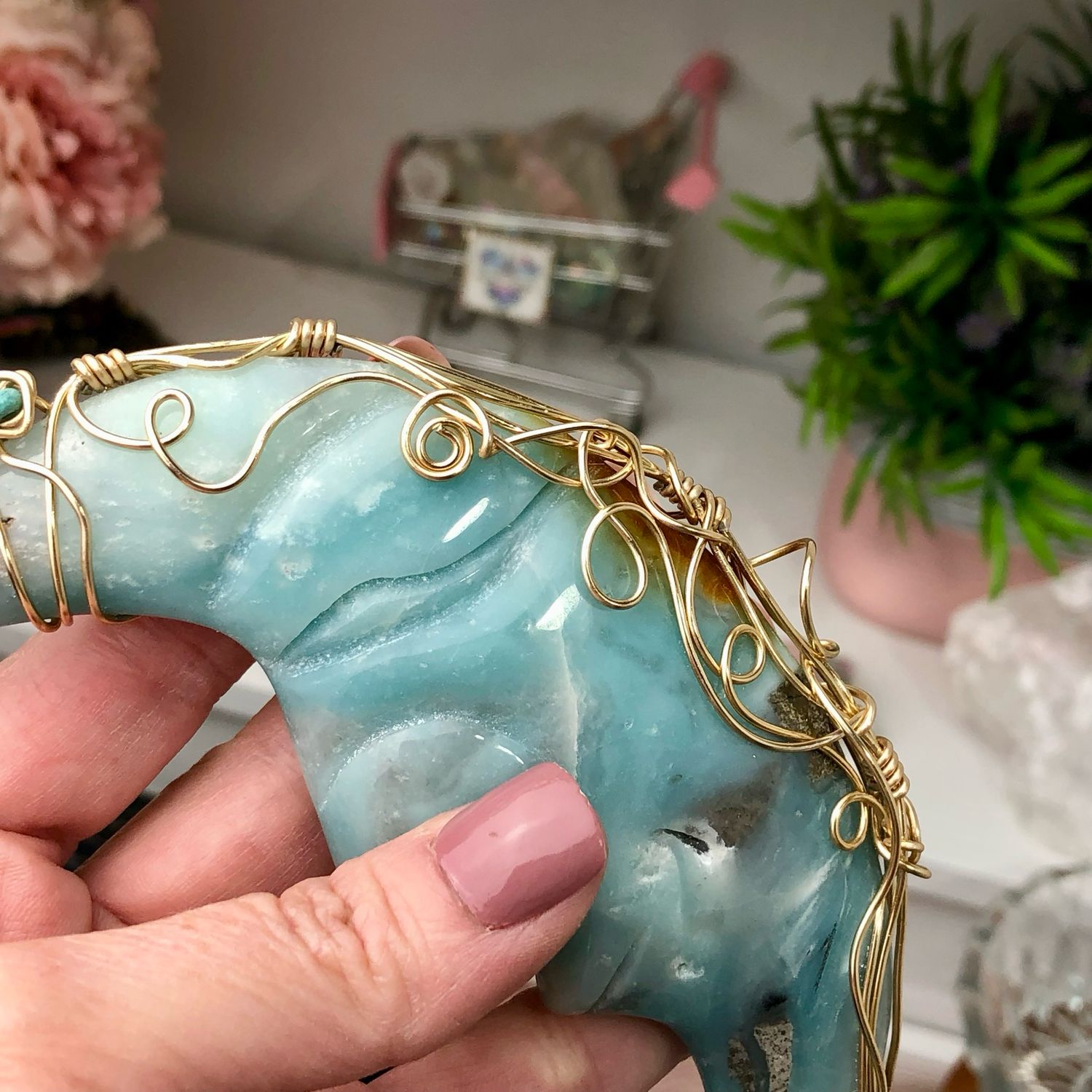 CARIBBEAN BLUE CALCITE MOON - Gemstone Light Catcher - Hand-wrapped In Gold Plated Wire