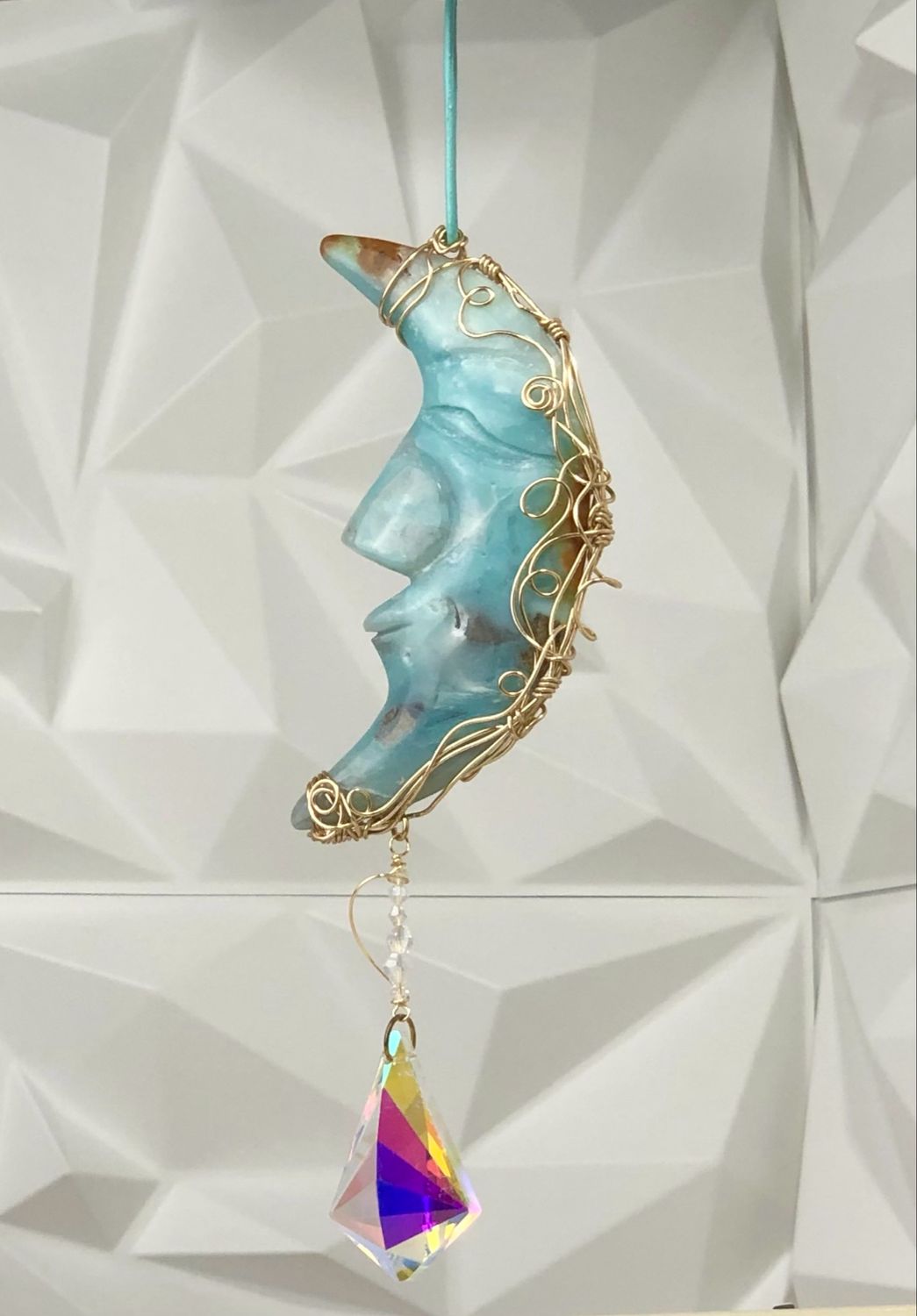 CARIBBEAN BLUE CALCITE MOON - Gemstone Light Catcher - Hand-wrapped In Gold Plated Wire