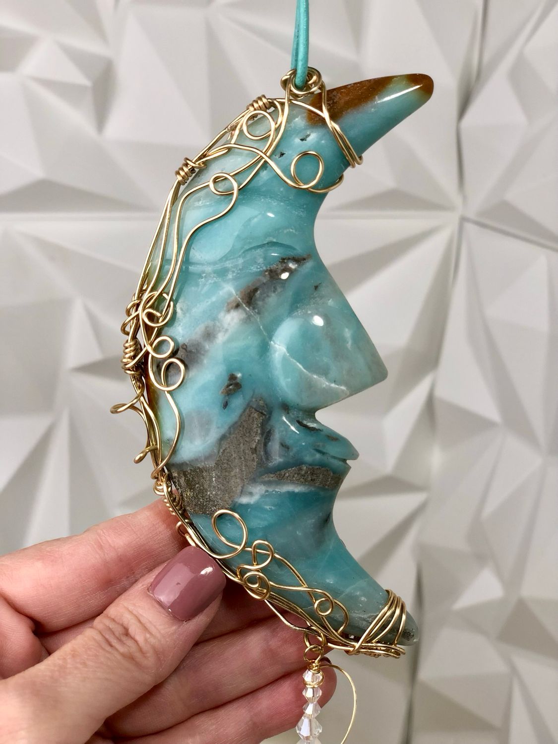 CARIBBEAN BLUE CALCITE MOON - Gemstone Light Catcher - Hand-wrapped In Gold Plated Wire