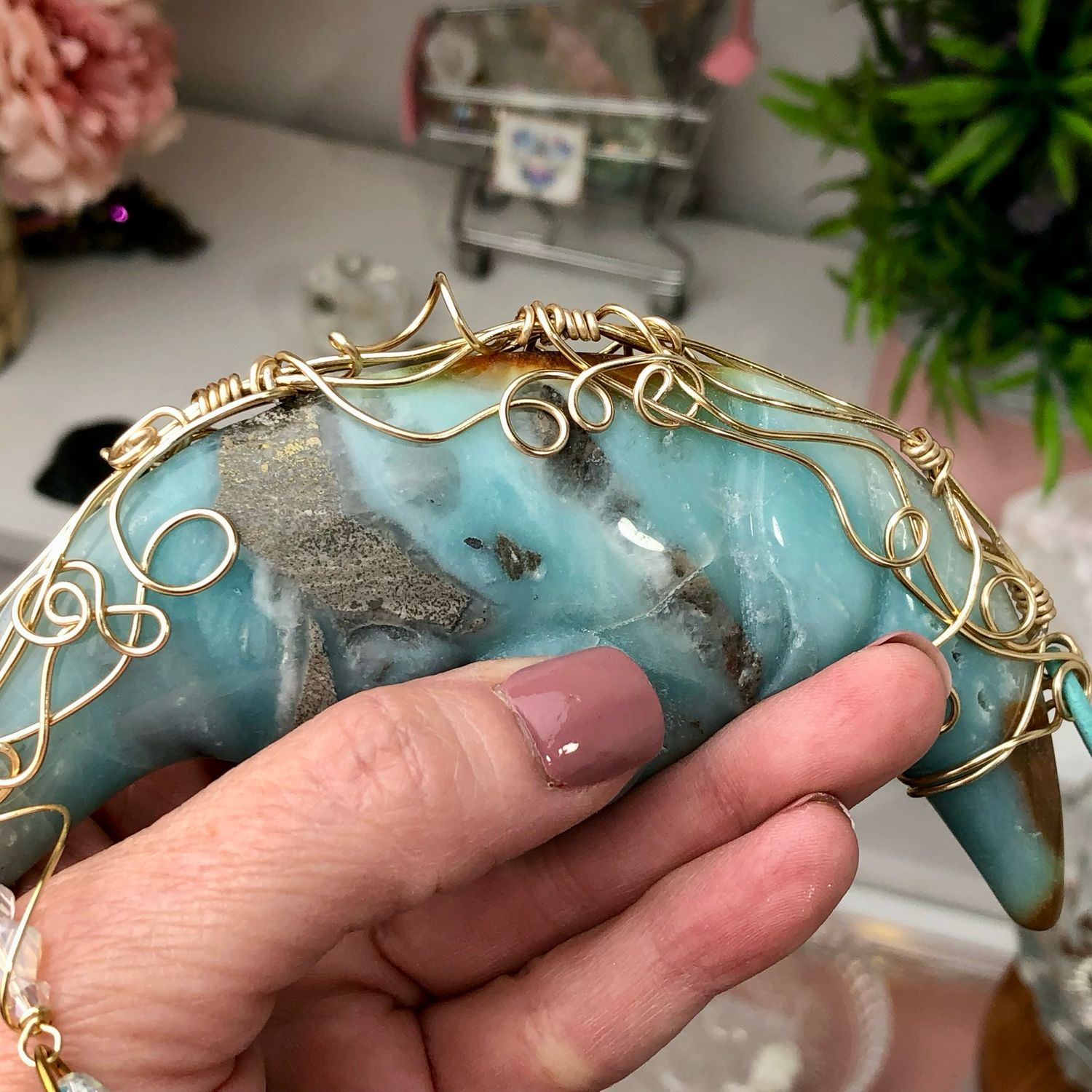 CARIBBEAN BLUE CALCITE MOON - Gemstone Light Catcher - Hand-wrapped In Gold Plated Wire