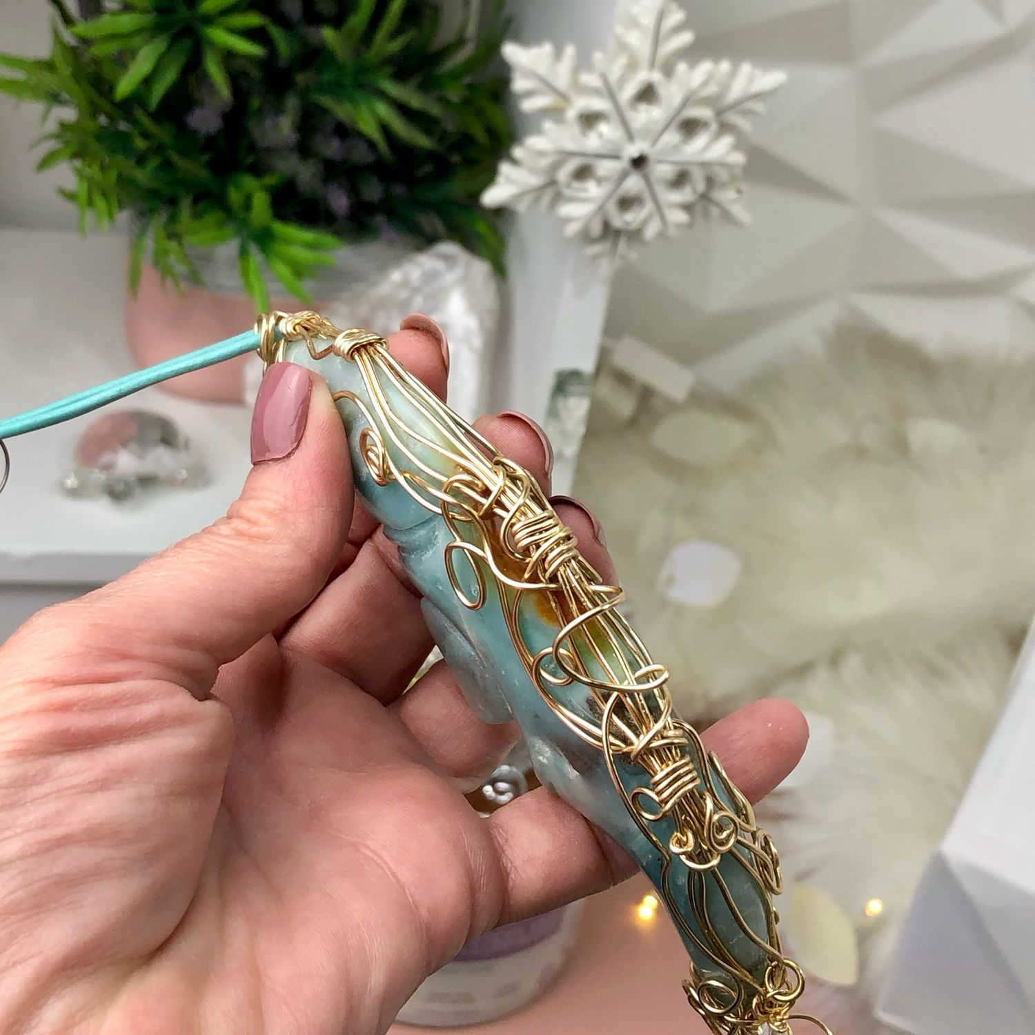 CARIBBEAN BLUE CALCITE MOON - Gemstone Light Catcher - Hand-wrapped In Gold Plated Wire