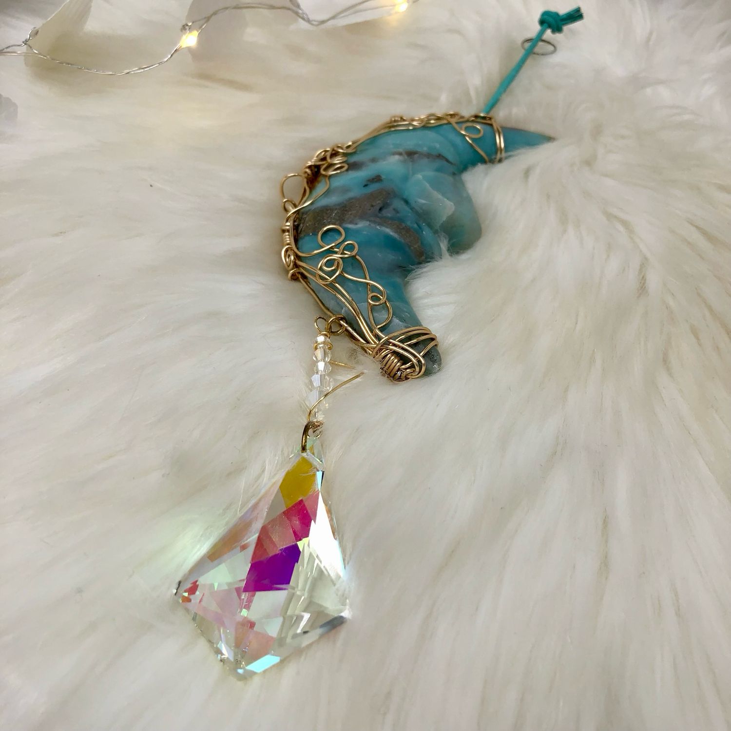CARIBBEAN BLUE CALCITE MOON - Gemstone Light Catcher - Hand-wrapped In Gold Plated Wire