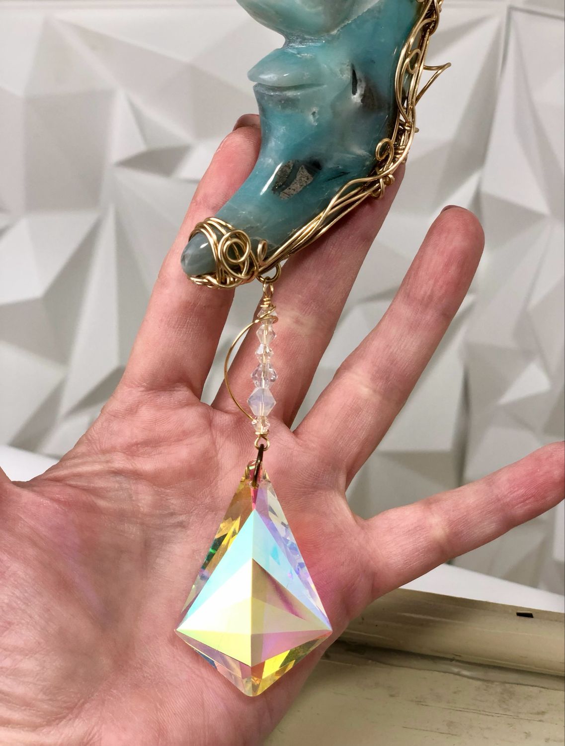 CARIBBEAN BLUE CALCITE MOON - Gemstone Light Catcher - Hand-wrapped In Gold Plated Wire