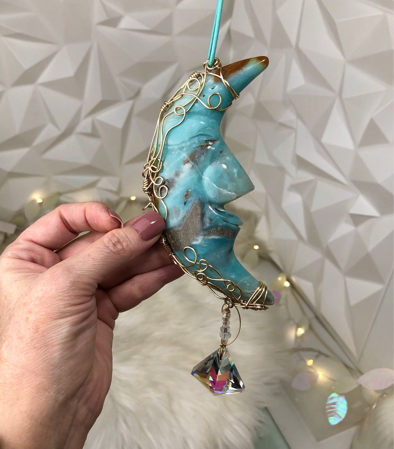 CARIBBEAN BLUE CALCITE MOON - Gemstone Light Catcher - Hand-wrapped In Gold Plated Wire
