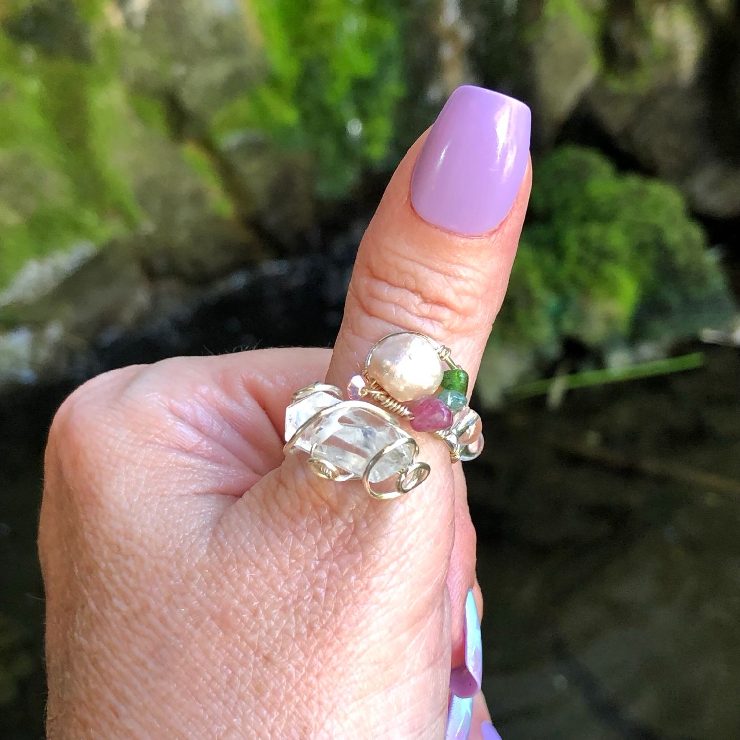 Clear Quartz, Pearl &amp; Tourmaline Crystal Therapy Ring – Adjustable Silver