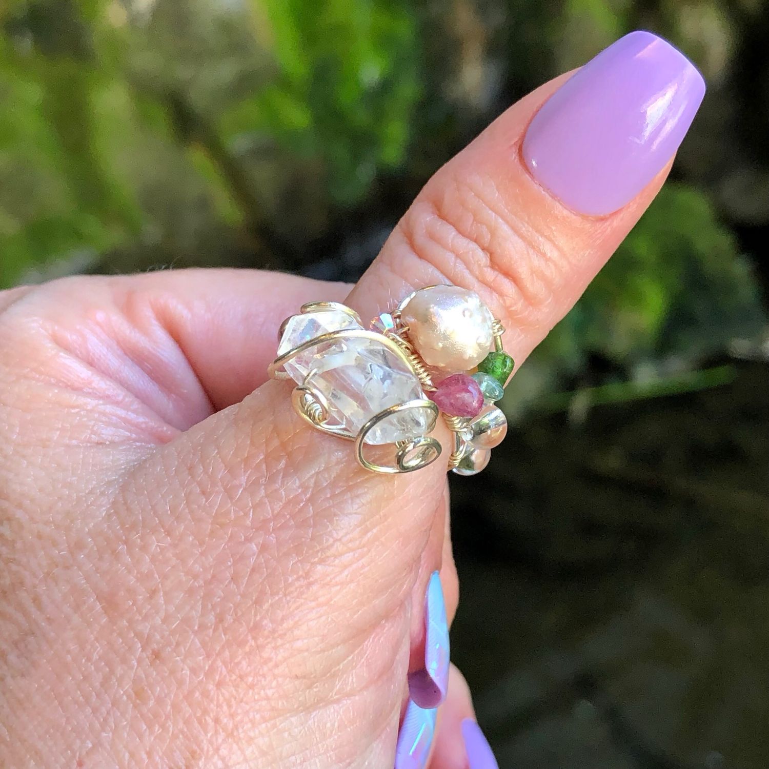 Clear Quartz, Pearl &amp; Tourmaline Crystal Therapy Ring – Adjustable Silver