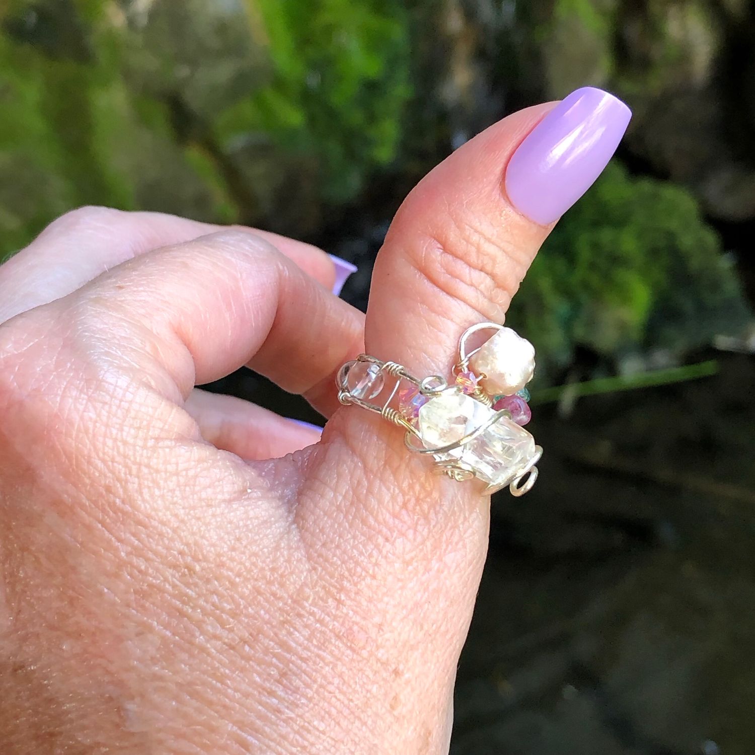 Clear Quartz, Pearl &amp; Tourmaline Crystal Therapy Ring – Adjustable Silver