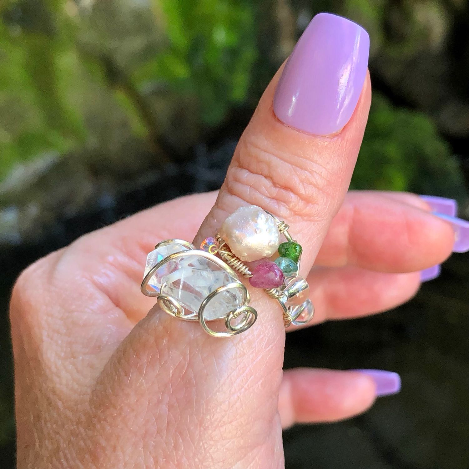 Clear Quartz, Pearl &amp; Tourmaline Crystal Therapy Ring – Adjustable Silver