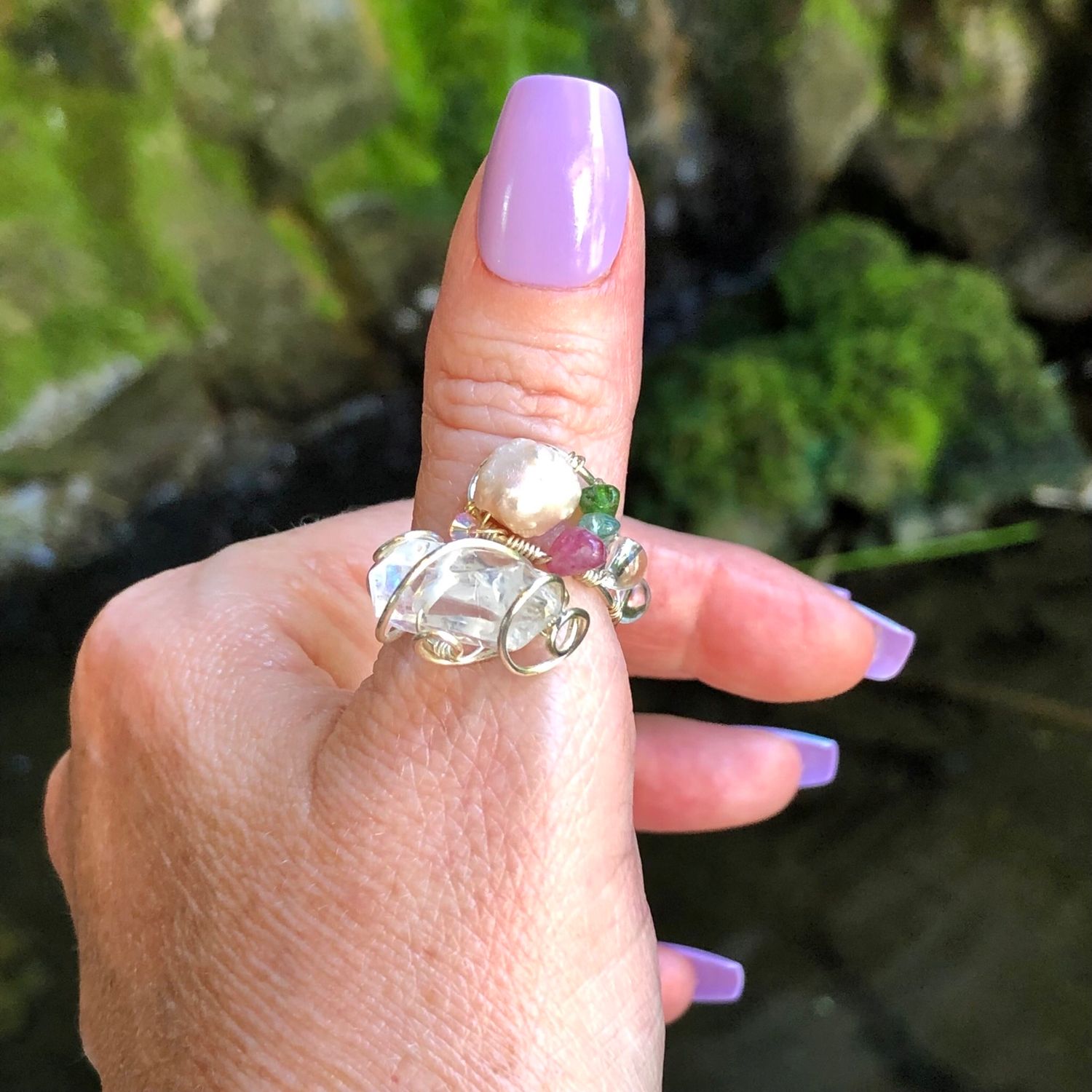 Clear Quartz, Pearl &amp; Tourmaline Crystal Therapy Ring – Adjustable Silver