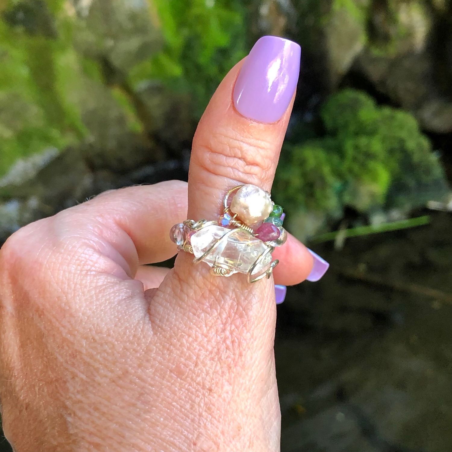 Clear Quartz, Pearl &amp; Tourmaline Crystal Therapy Ring – Adjustable Silver