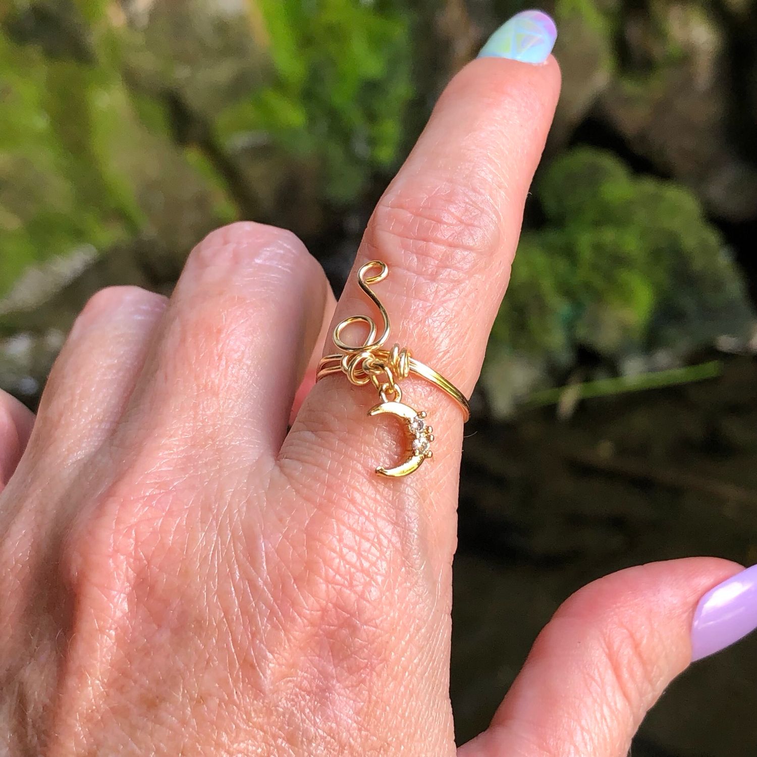 Crescent Moon Charm Ring – Adjustable Gold Plated