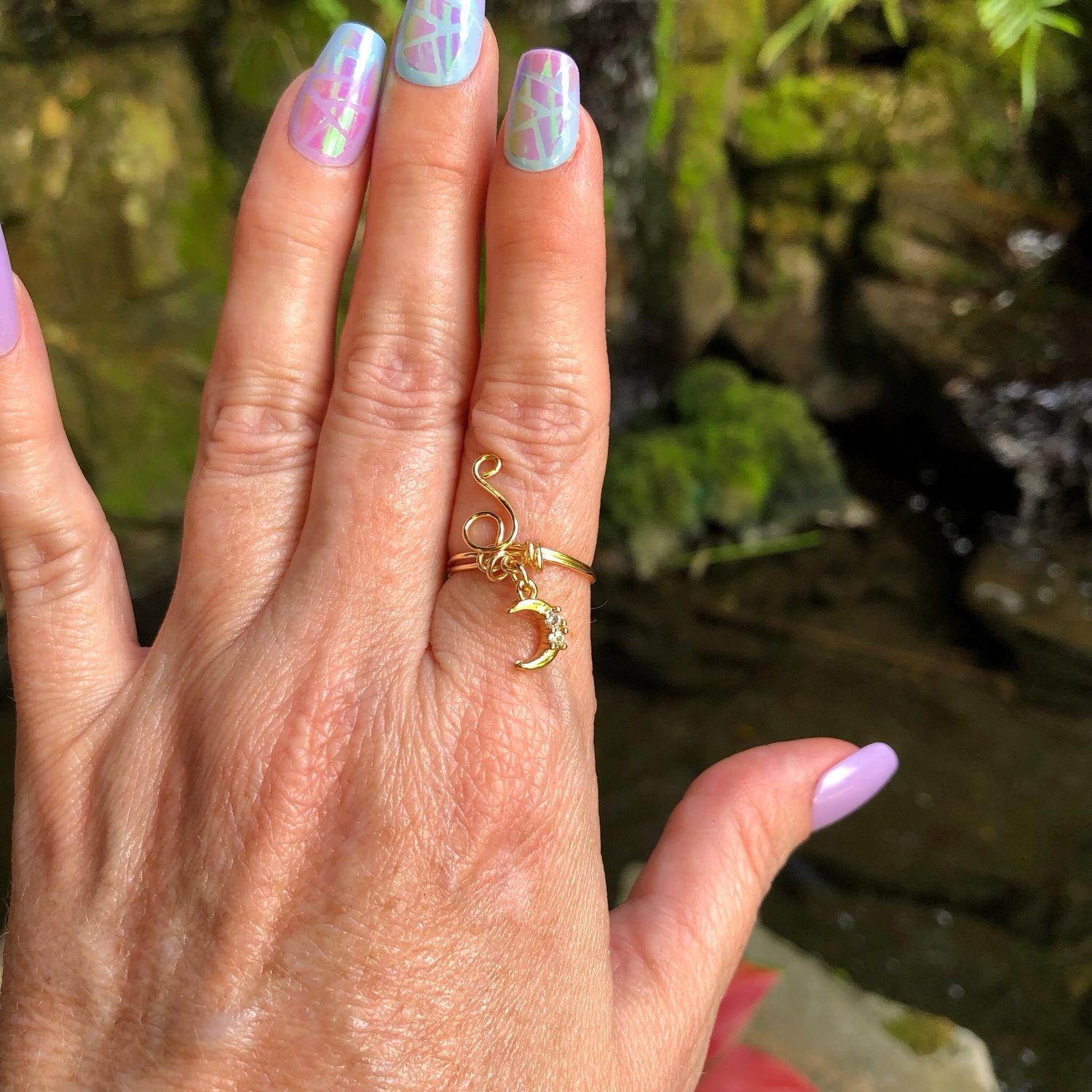 Crescent Moon Charm Ring – Adjustable Gold Plated