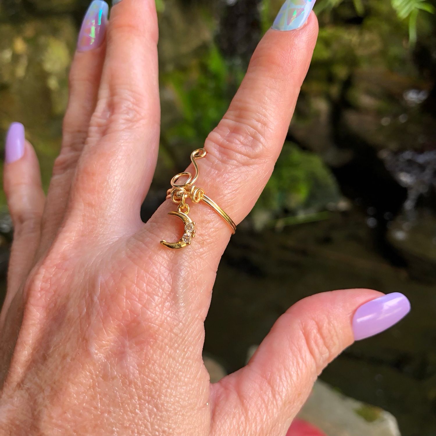 Crescent Moon Charm Ring – Adjustable Gold Plated