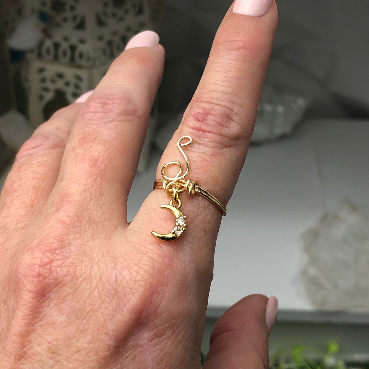 Crescent Moon Charm Ring – Adjustable Gold Plated
