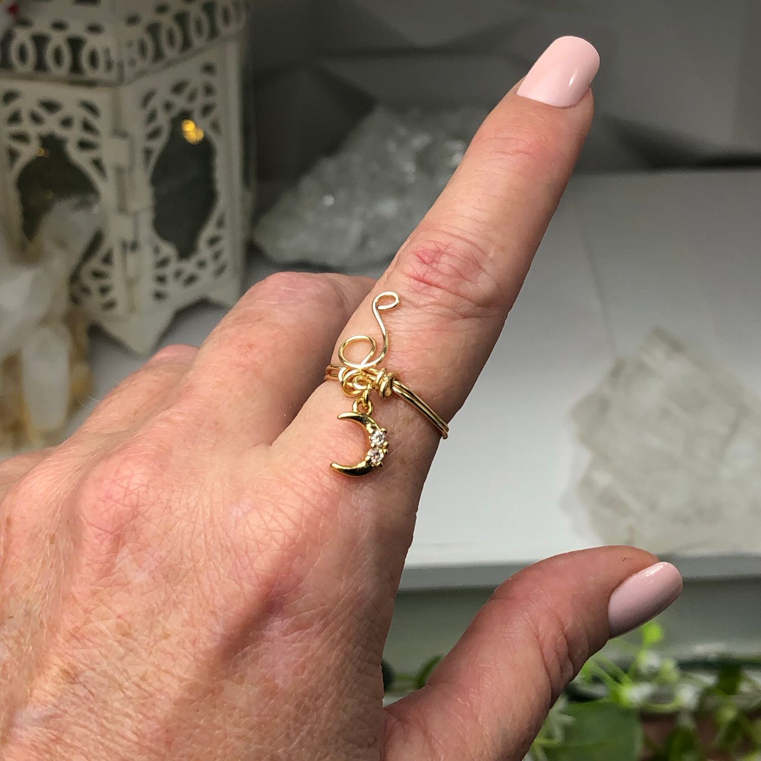Crescent Moon Charm Ring – Adjustable Gold Plated