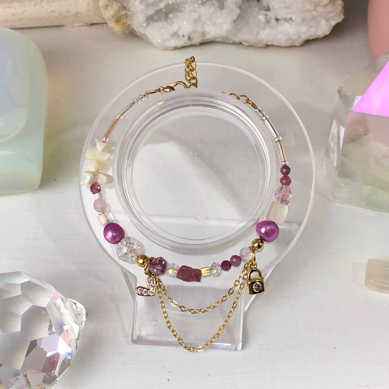 PINK TOURMALINE - Dainty Bangle - Gold Plated