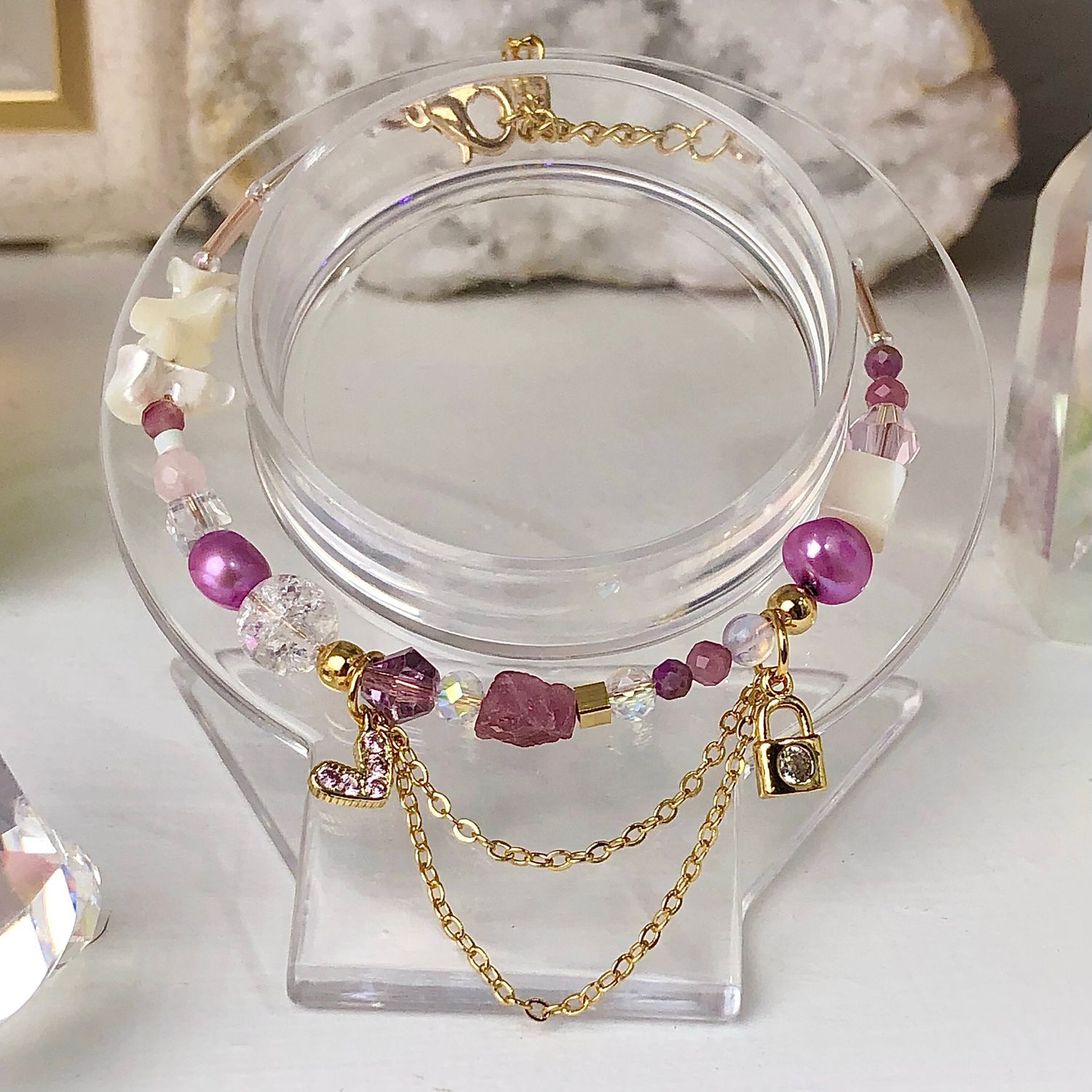 PINK TOURMALINE - Dainty Bangle - Gold Plated