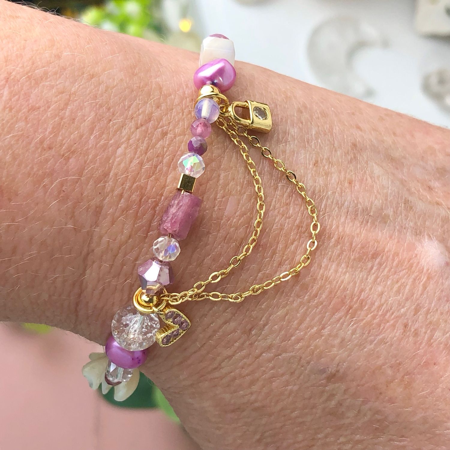 PINK TOURMALINE - Dainty Bangle - Gold Plated