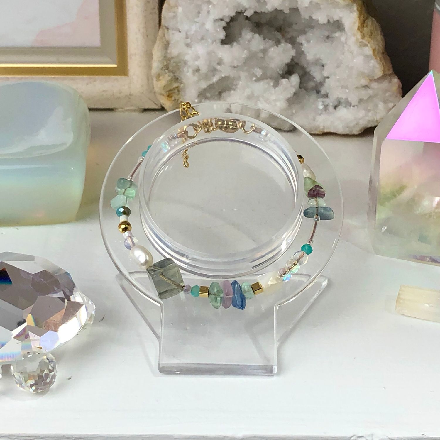 RAINBOW FLUORITE - Dainty Bangle - Gold Plated