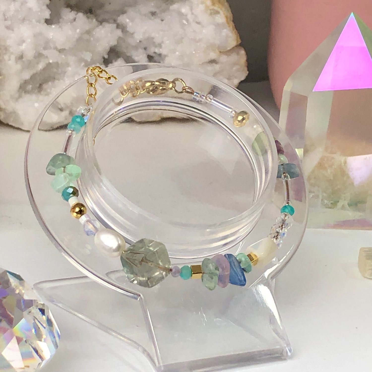 RAINBOW FLUORITE - Dainty Bangle - Gold Plated