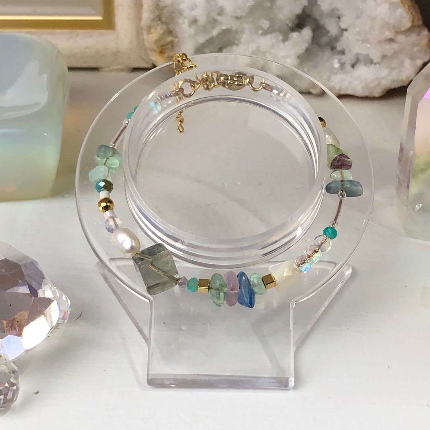 RAINBOW FLUORITE - Dainty Bangle - Gold Plated