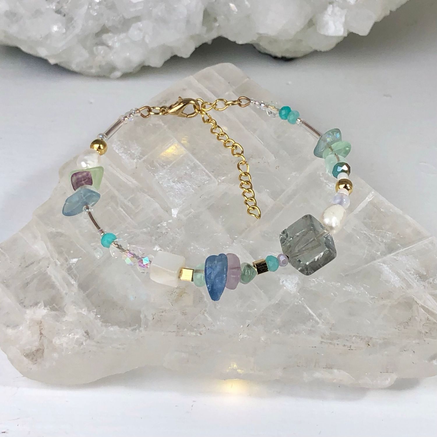 RAINBOW FLUORITE - Dainty Bangle - Gold Plated RAINBOW FLUORITE - Dainty Bangle - Gold Plated