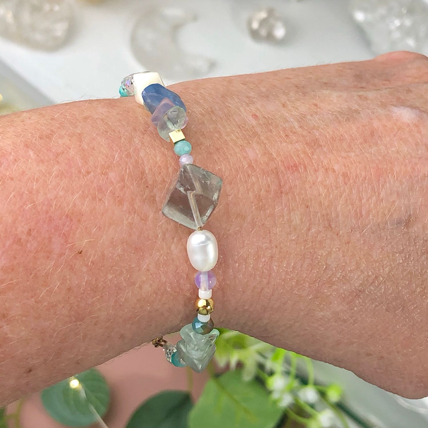 RAINBOW FLUORITE - Dainty Bangle - Gold Plated RAINBOW FLUORITE - Dainty Bangle - Gold Plated