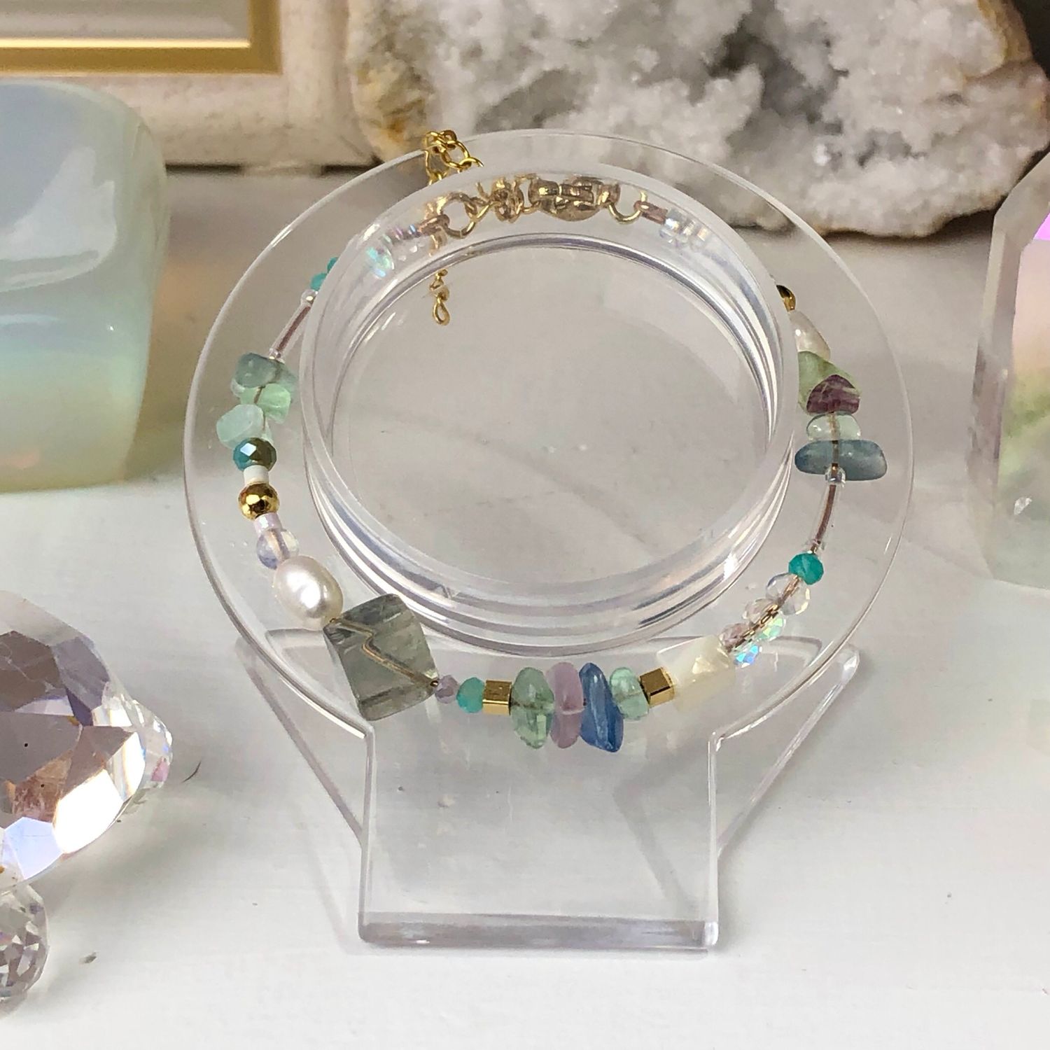 RAINBOW FLUORITE - Dainty Bangle - Gold Plated RAINBOW FLUORITE - Dainty Bangle - Gold Plated