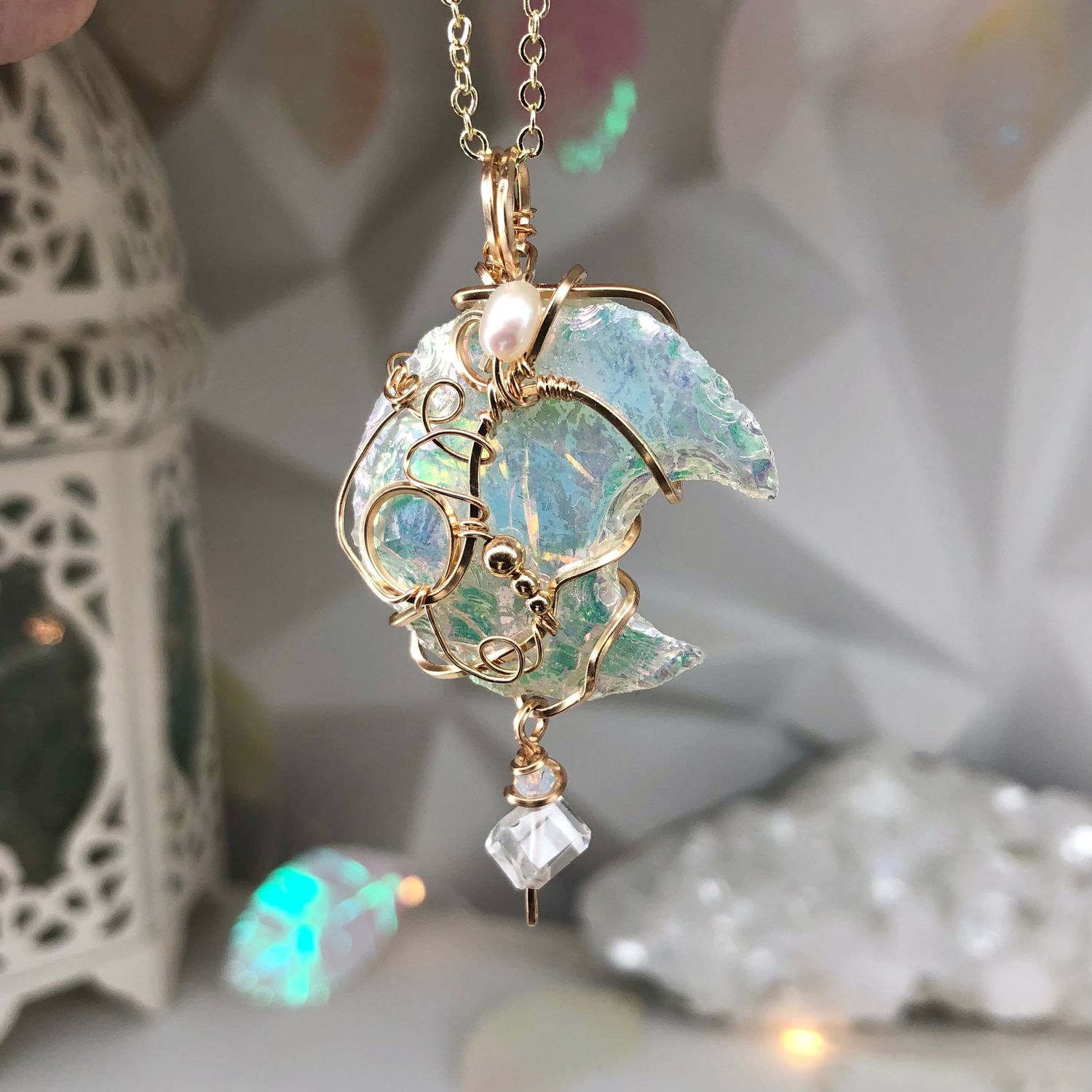 ANGEL AURA OPALITE - Crystal Therapy Pendant - 14k Gold Filled