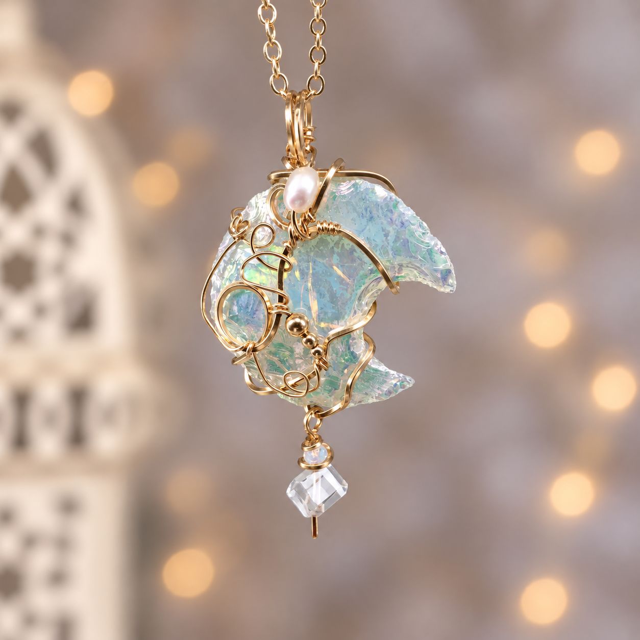 ANGEL AURA OPALITE MOON &amp; QUARTZ CUBE - Crystal Therapy Pendant - 14k Gold Filled