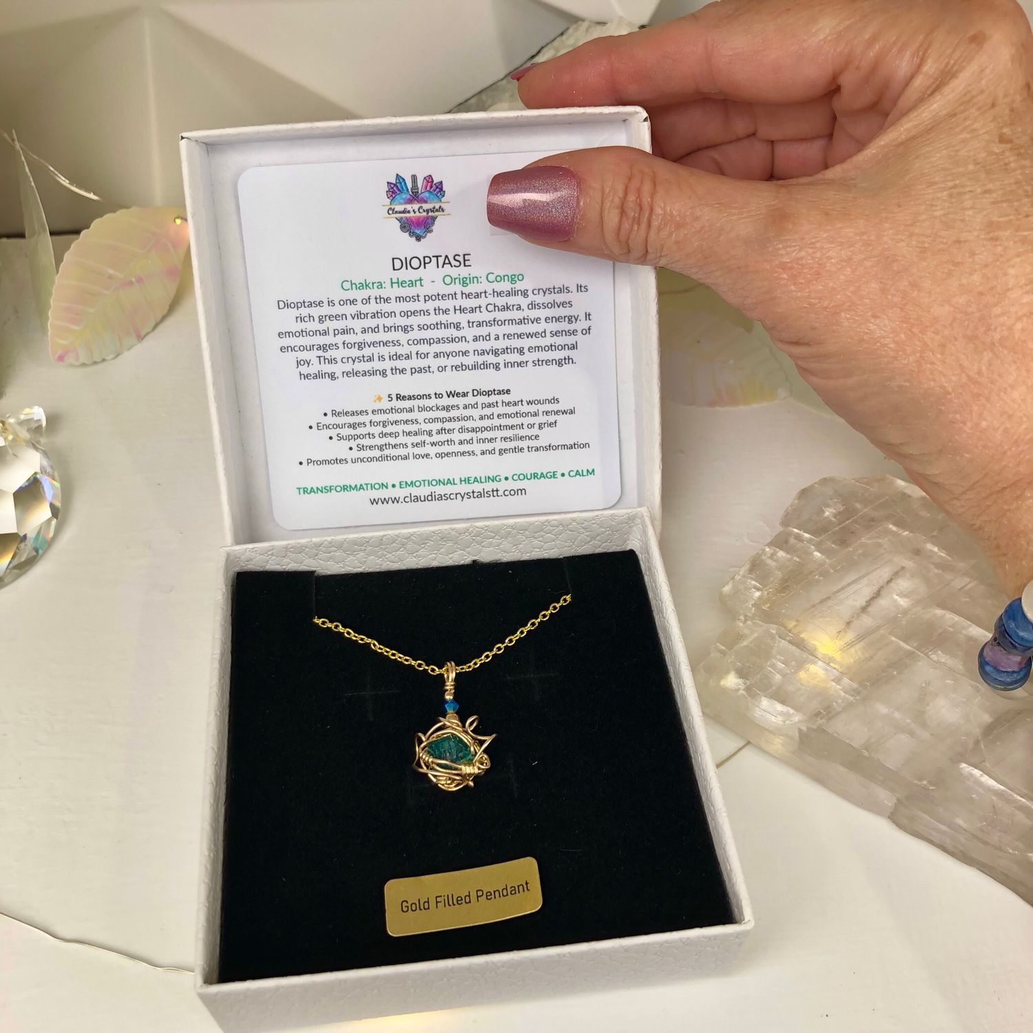 NATURAL DIOPTASE - Crystal Therapy Pendant - 14k Gold Filled