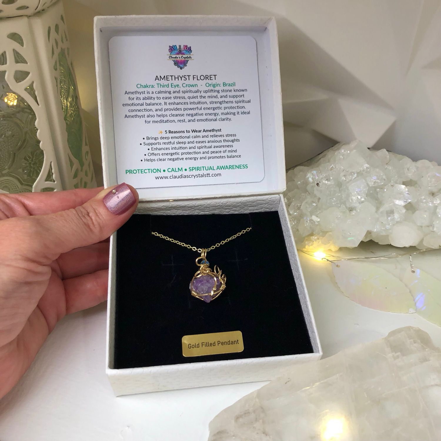 NATURAL AMETHYST FLORET - Crystal Therapy Pendant - 14k Gold Filled