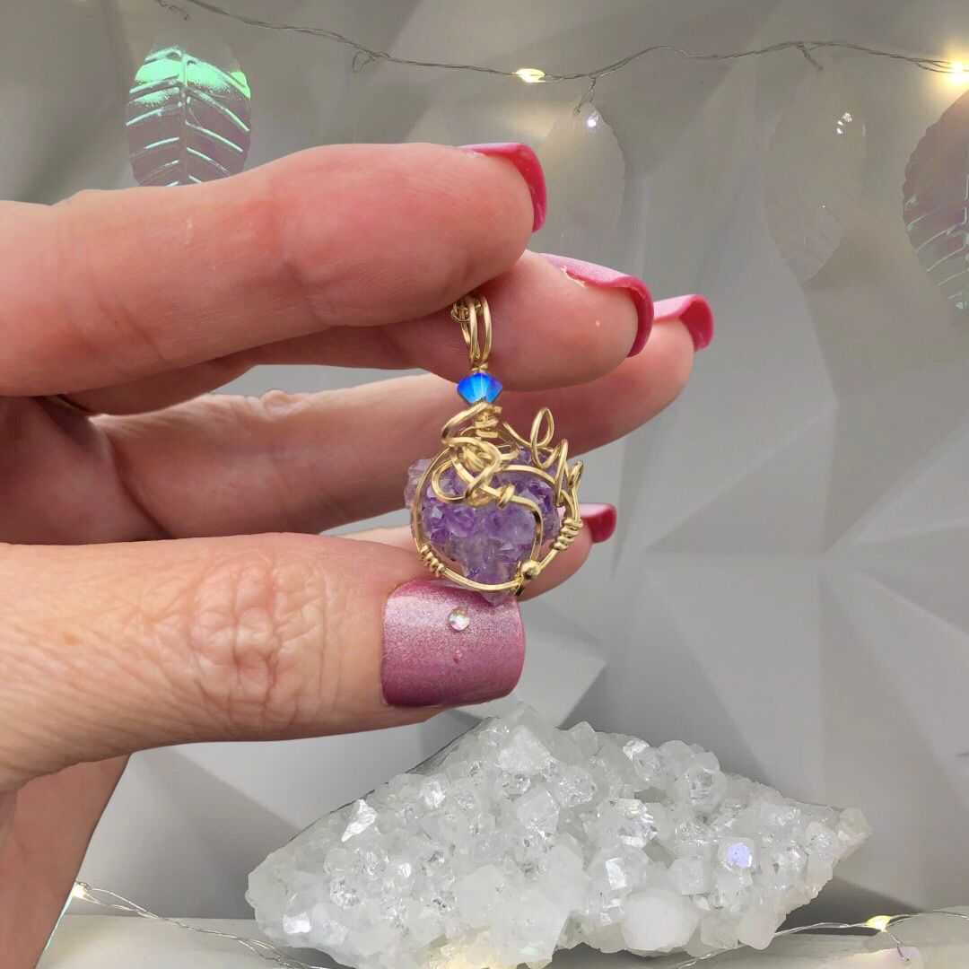 NATURAL AMETHYST FLORET - Crystal Therapy Pendant - 14k Gold Filled