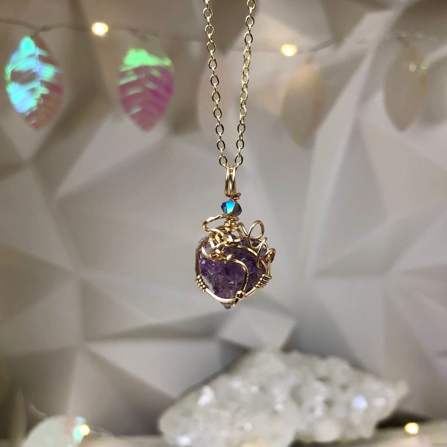NATURAL AMETHYST FLORET - Crystal Therapy Pendant - 14k Gold Filled