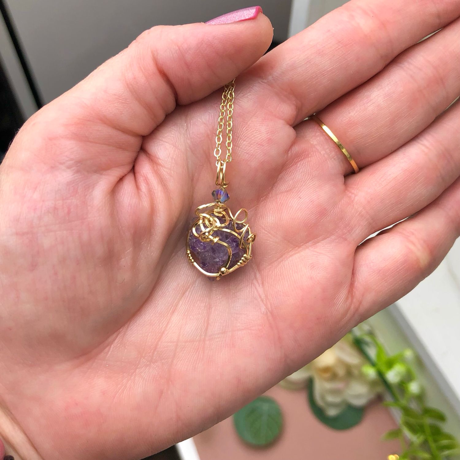 NATURAL AMETHYST FLORET - Crystal Therapy Pendant - 14k Gold Filled