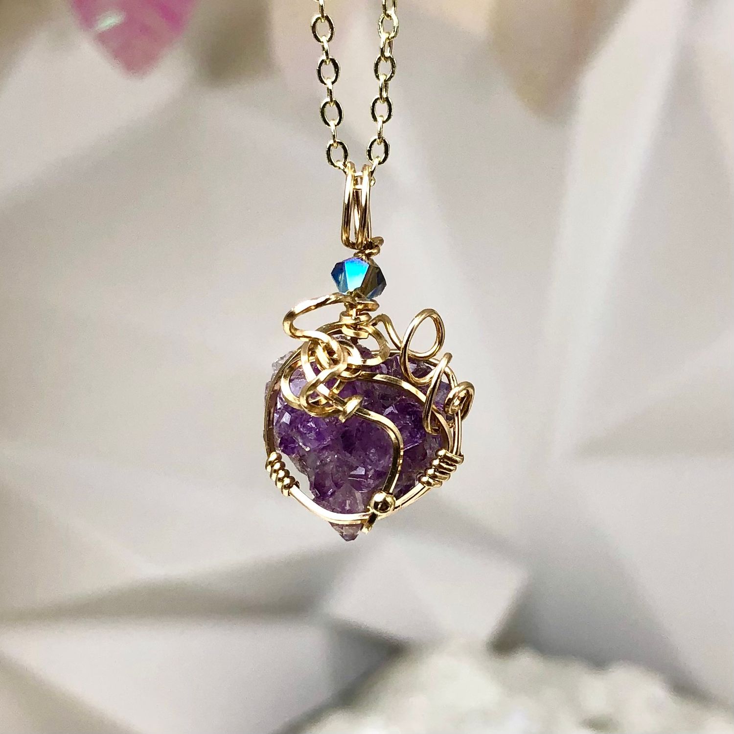 NATURAL AMETHYST FLORET - Crystal Therapy Pendant - 14k Gold Filled