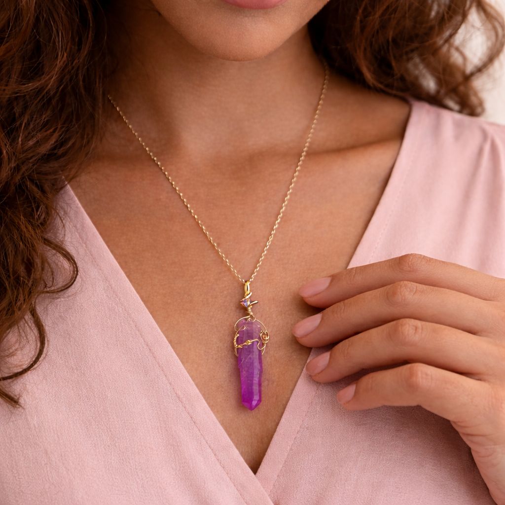 LAVENDER AURA QUARTZ POINT - Crystal Therapy Pendant - 14k Gold Filled