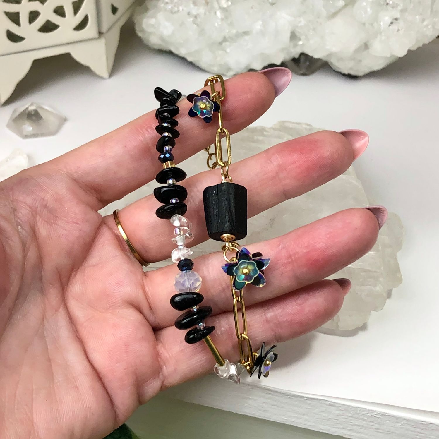 MATCHING SETS - Black Tourmaline - Double Bracelet &amp; Earrings - Crystal Therapy Jewelry Set