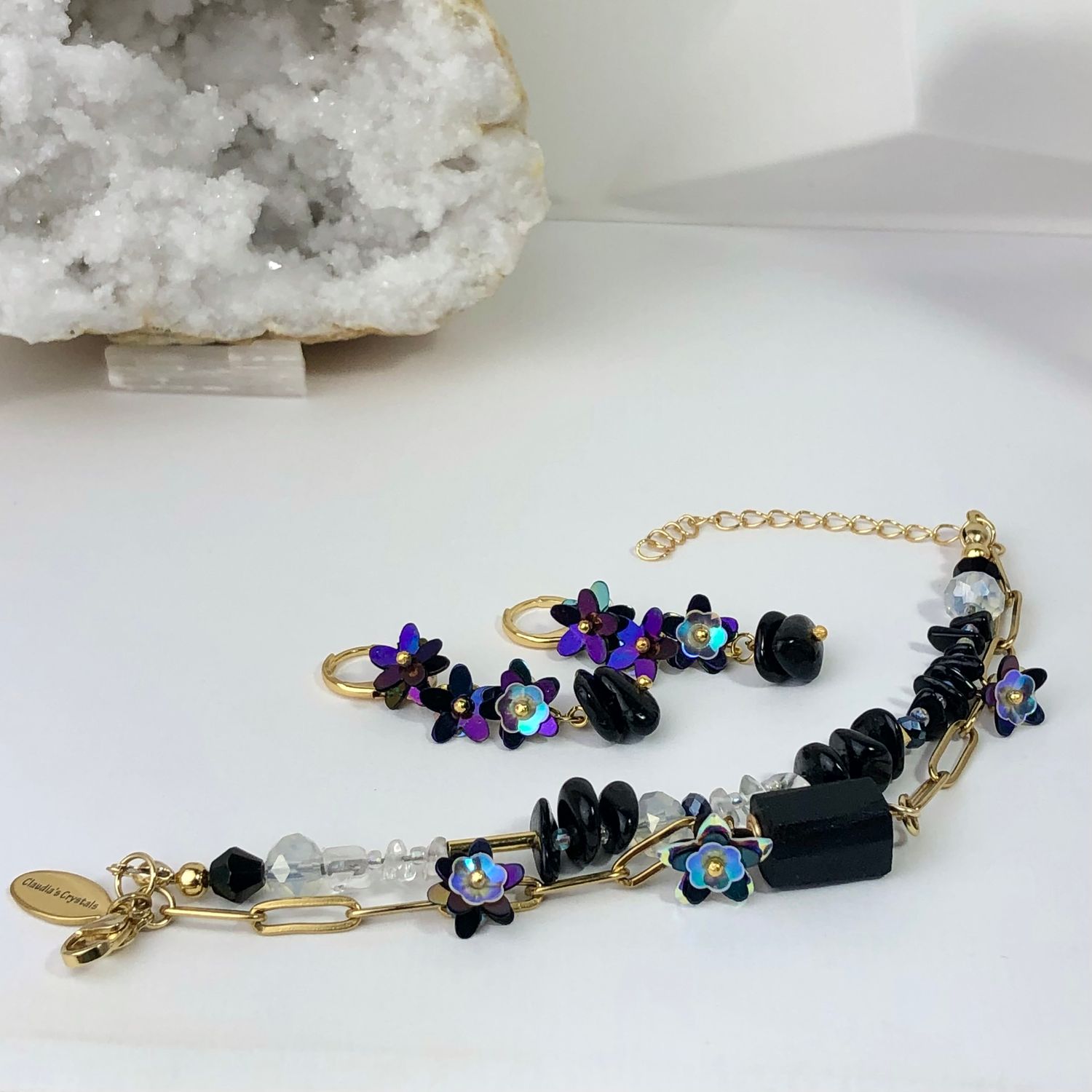 MATCHING SETS - Black Tourmaline - Double Bracelet &amp; Earrings - Crystal Therapy Jewelry Set