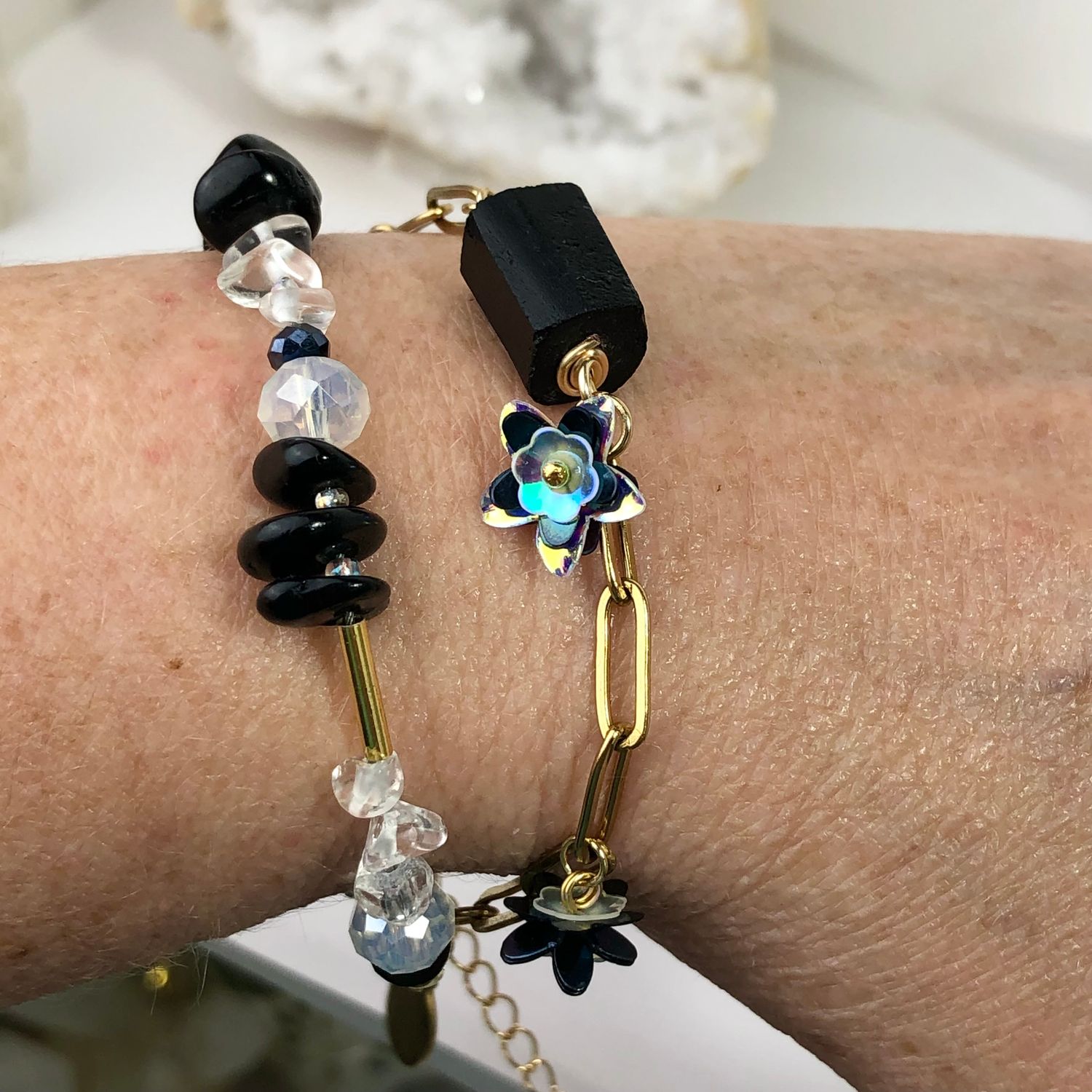 MATCHING SETS - Black Tourmaline - Double Bracelet &amp; Earrings - Crystal Therapy Jewelry Set