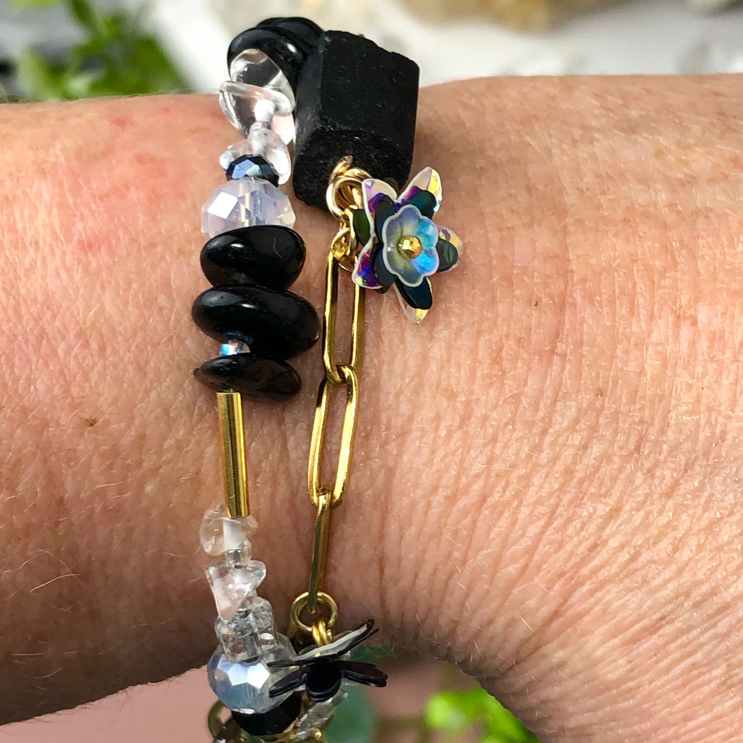 MATCHING SETS - Black Tourmaline - Double Bracelet &amp; Earrings - Crystal Therapy Jewelry Set