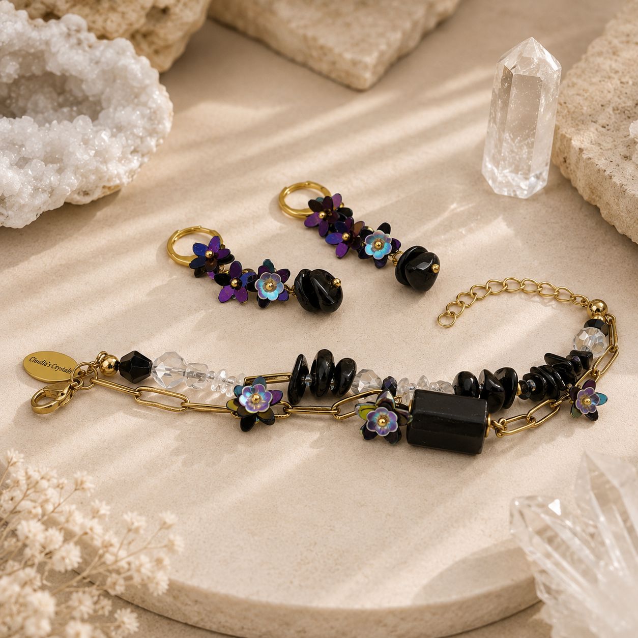 Black Tourmaline - Double Bracelet & Earrings - (Matching Set) Black Tourmaline - Double Bracelet & Earrings - (Matching Set)