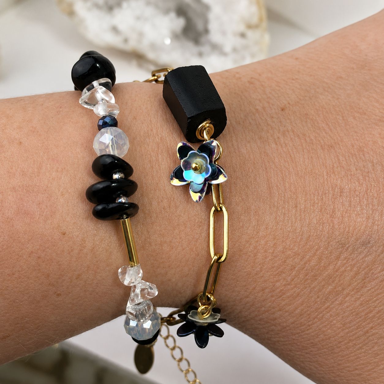 BLACK TOURMALINE - Double Bracelet &amp; Earring Crystal Therapy Set