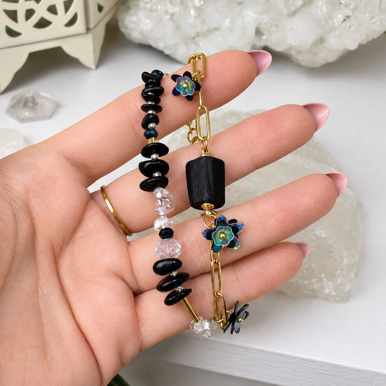 BLACK TOURMALINE - Double Bracelet &amp; Earring Crystal Therapy Set