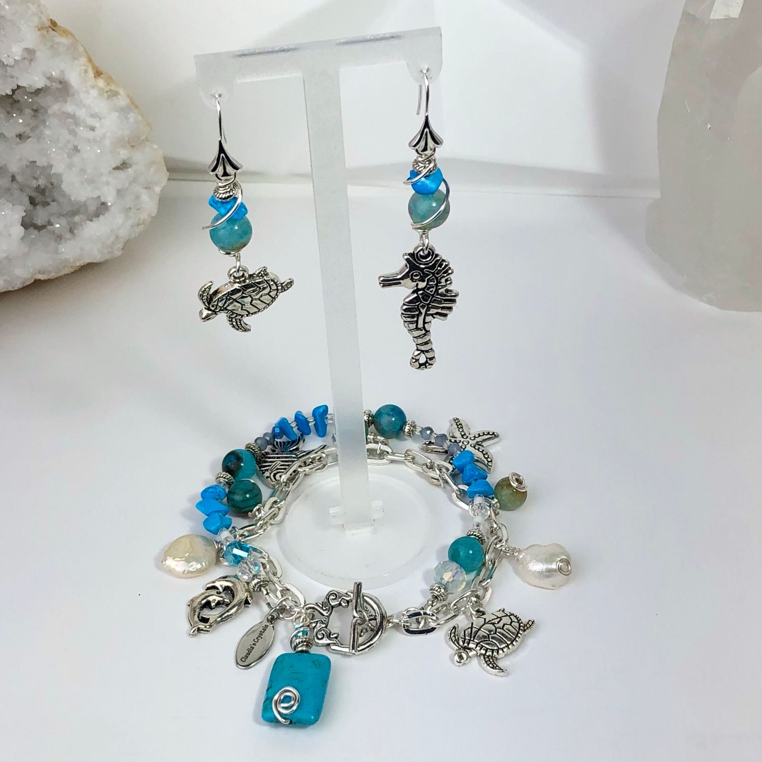MATCHING SET - Blue Howlite &amp; Agate - Bracelet And Earrings