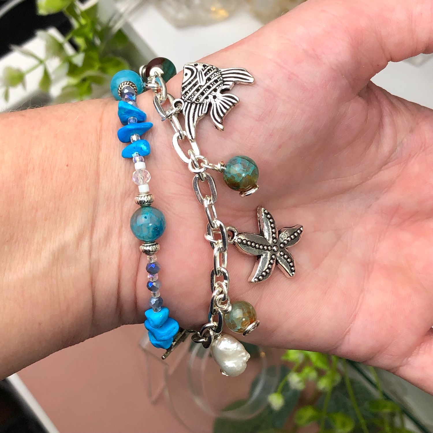 MATCHING SET - Blue Howlite &amp; Agate - Bracelet And Earrings