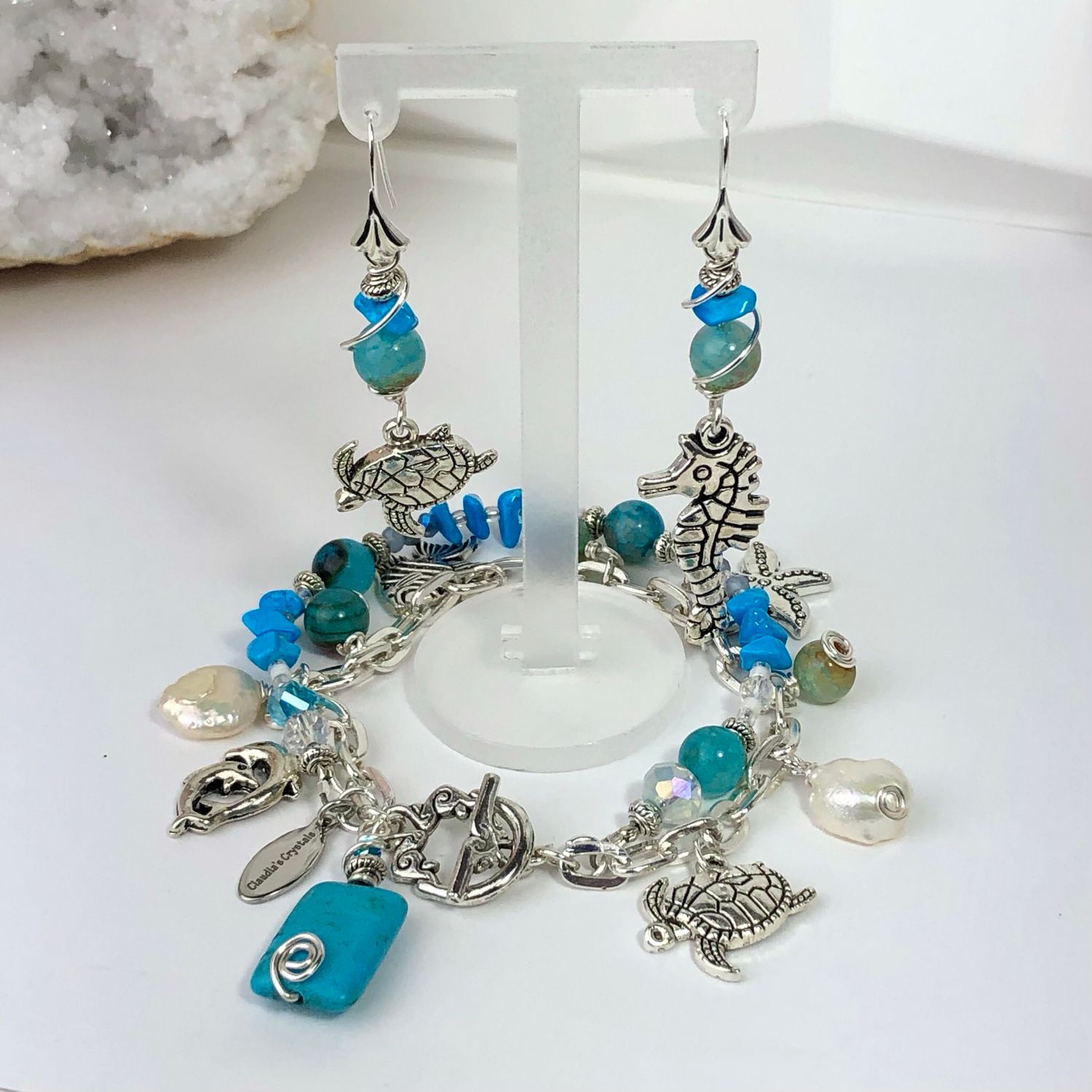 MATCHING SET - Blue Howlite &amp; Agate - Bracelet And Earrings